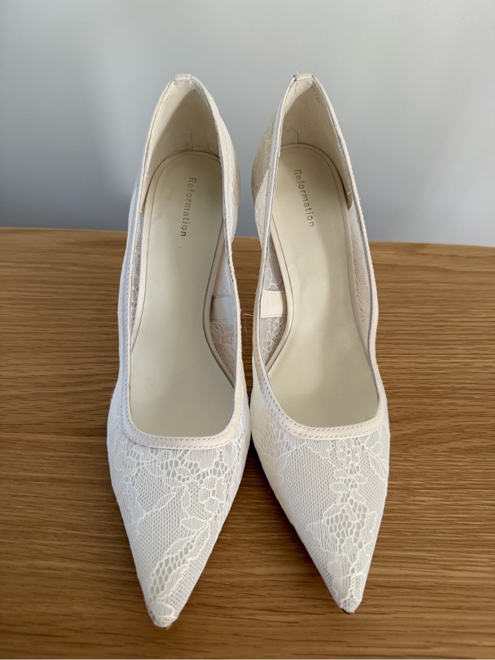 Reformation White Lace Pointed-Toe Heels